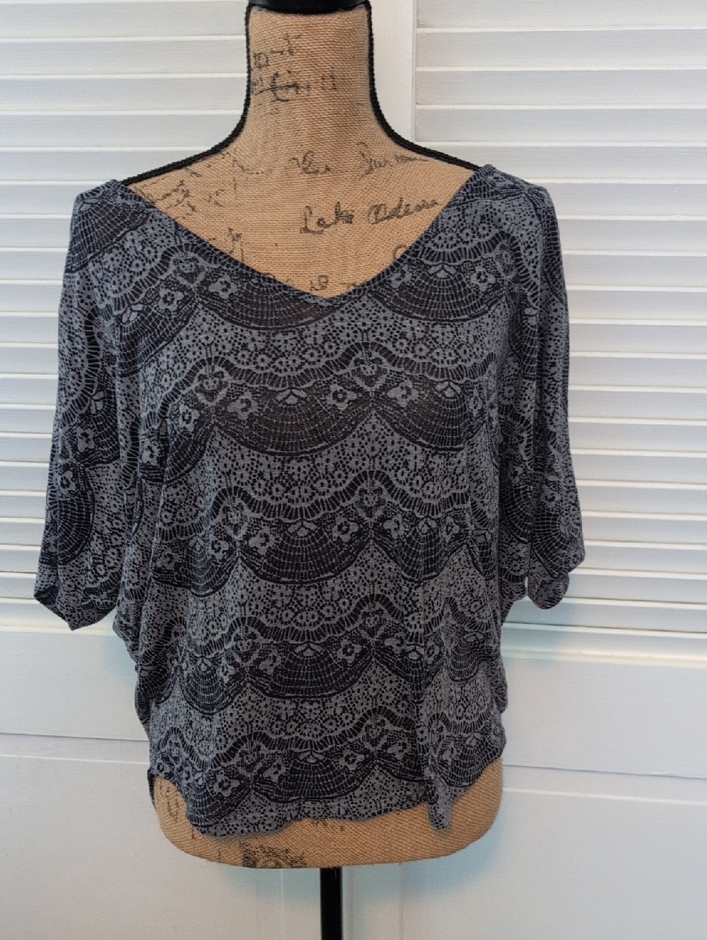 Maurices Gray V-Neck Short Sleeve Tee with Black Lace-Pattern